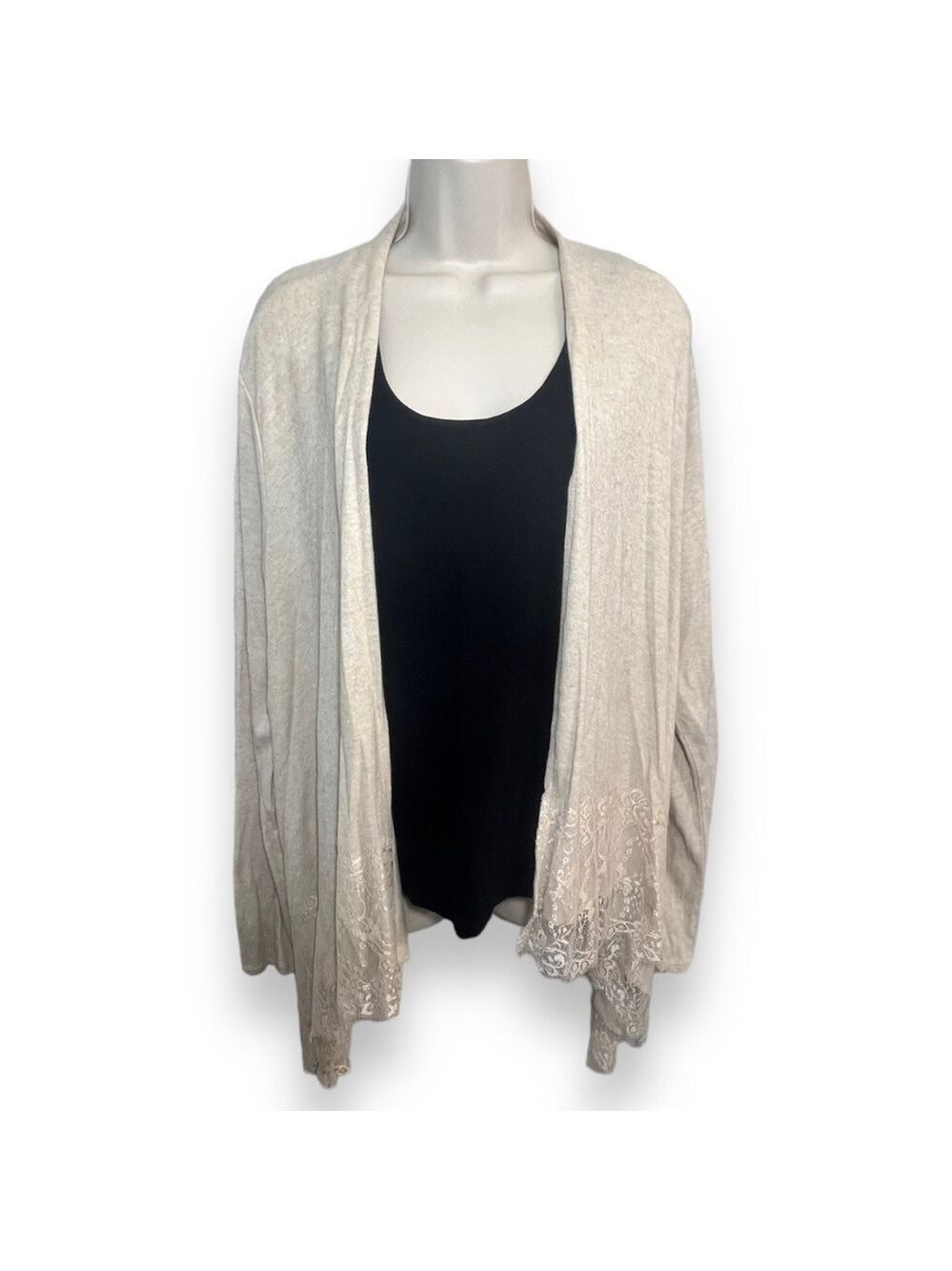 CHENAULT Women’s Open Front Lace Trim Draped Cardigan Ivory Size XL